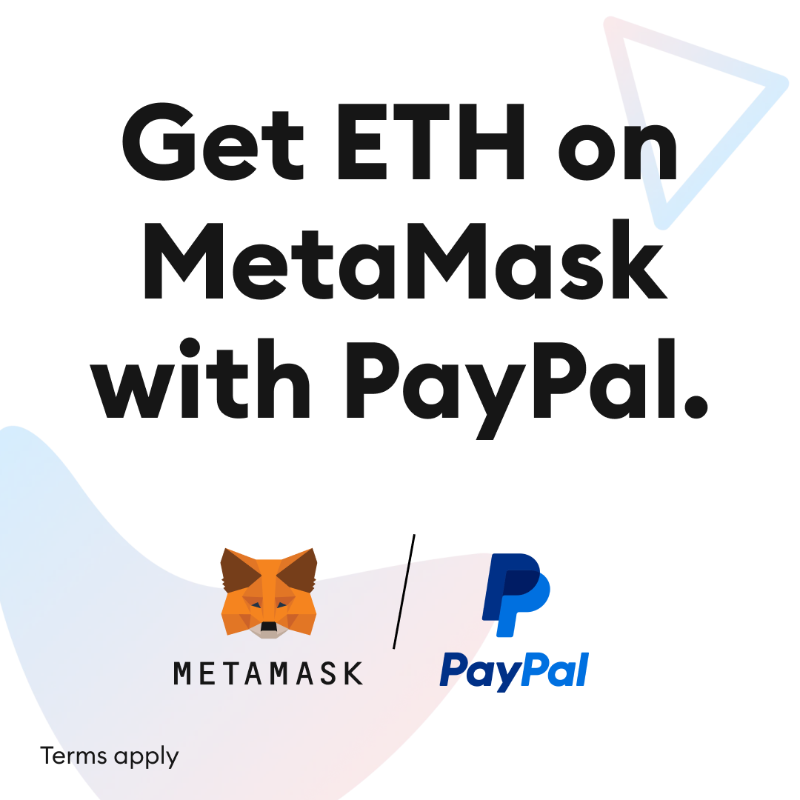 MetaMask's tweet photo. Have a MetaMask wallet? Getting ETH just got even simpler with PayPal. Now available across the US, excluding Hawaii. Terms apply. Learn more.