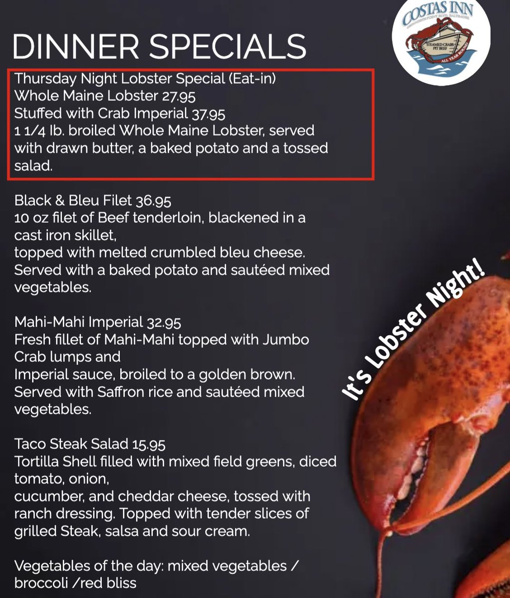 Get ready for an unforgettable dining experience as we celebrate Lobster Night at Costas Inn. We're thrilled to invite you to indulge in a feast with our mouthwatering lobster special and other delectable offerings.