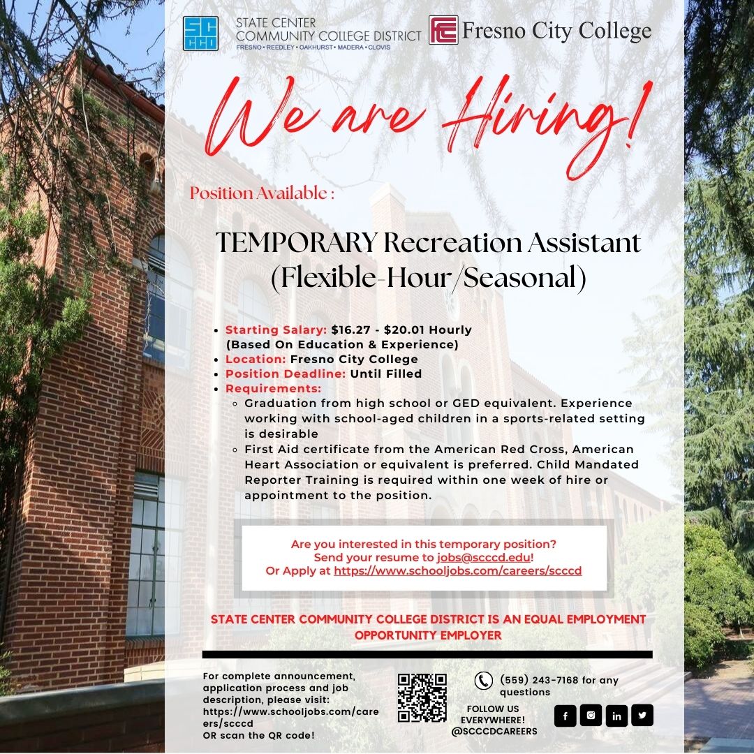 scccdcareers's tweet image. Join Us Today! New Temporary Position for Recreation Assistant at Fresno City College! Visit schooljobs.com/careers/scccd for more information and how to apply! #Scccd #Careersinhighered #Temporarywork #Jobopening #Assistant #Fresno #FCC