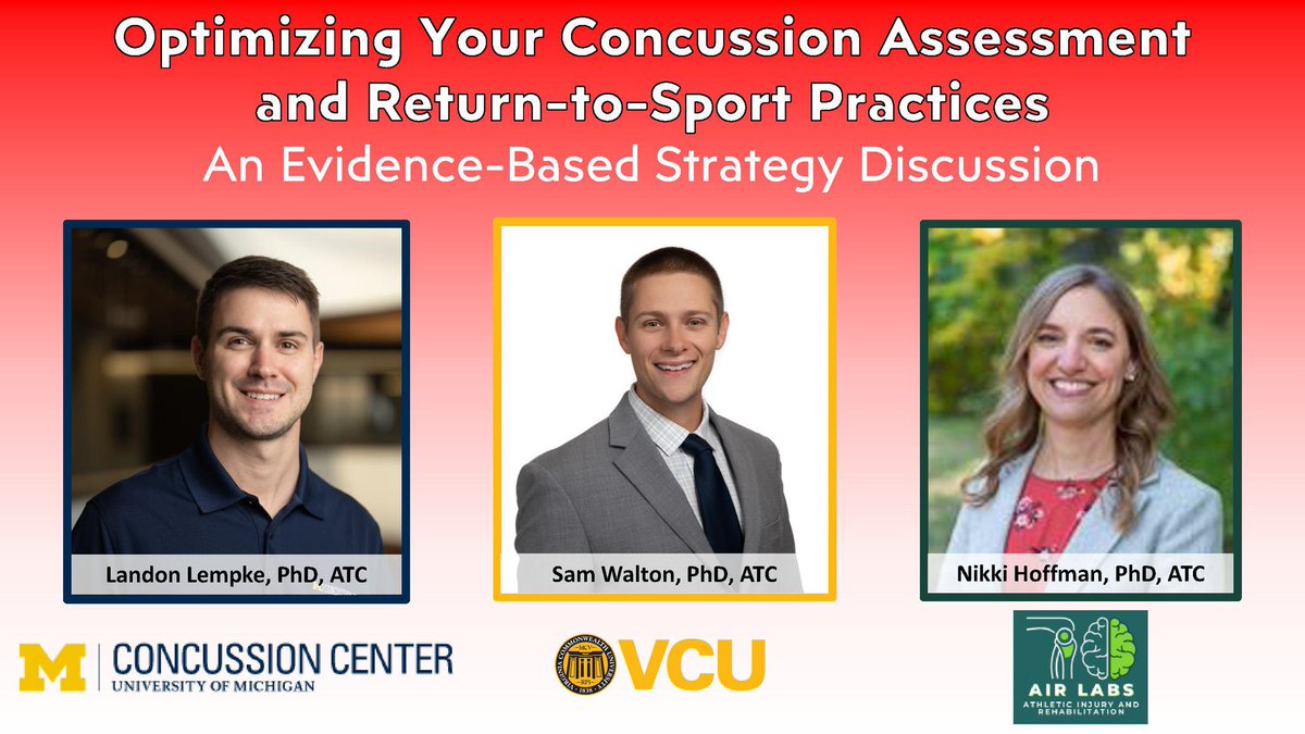 If you’re at #NATA2023, come to our forum on optimizing your #EvidenceBasedPractice for #concussion assessment and management

Join the discussion on Saturday 6/24 from 11:45am-12:40pm!

@UMichConcussion  @VCUConcussion @AIRLabsMSU  @NATA1950 @EaRLY_TBI 

#ATsAdvanceHere