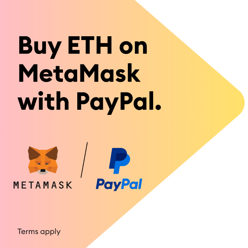 MetaMask's tweet photo. Have a MetaMask wallet? Getting ETH just got even simpler with PayPal. Now available across the US, excluding Hawaii. Terms apply. Learn more.