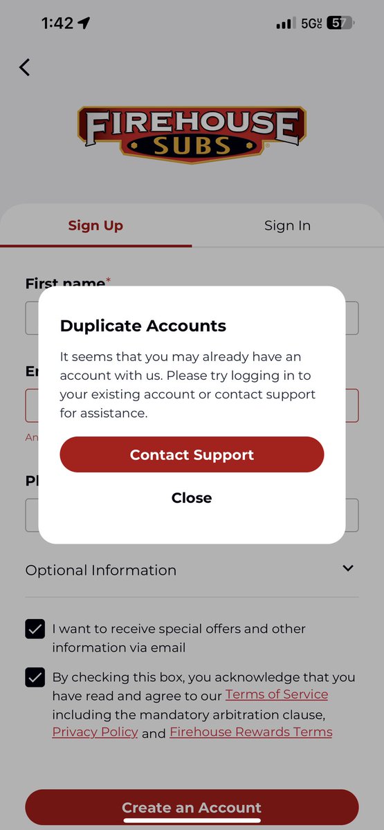 @FirehouseSubs Can not make a account in the app or online… any email I try and use keeps saying duplicate accounts. @FirehouseSubs