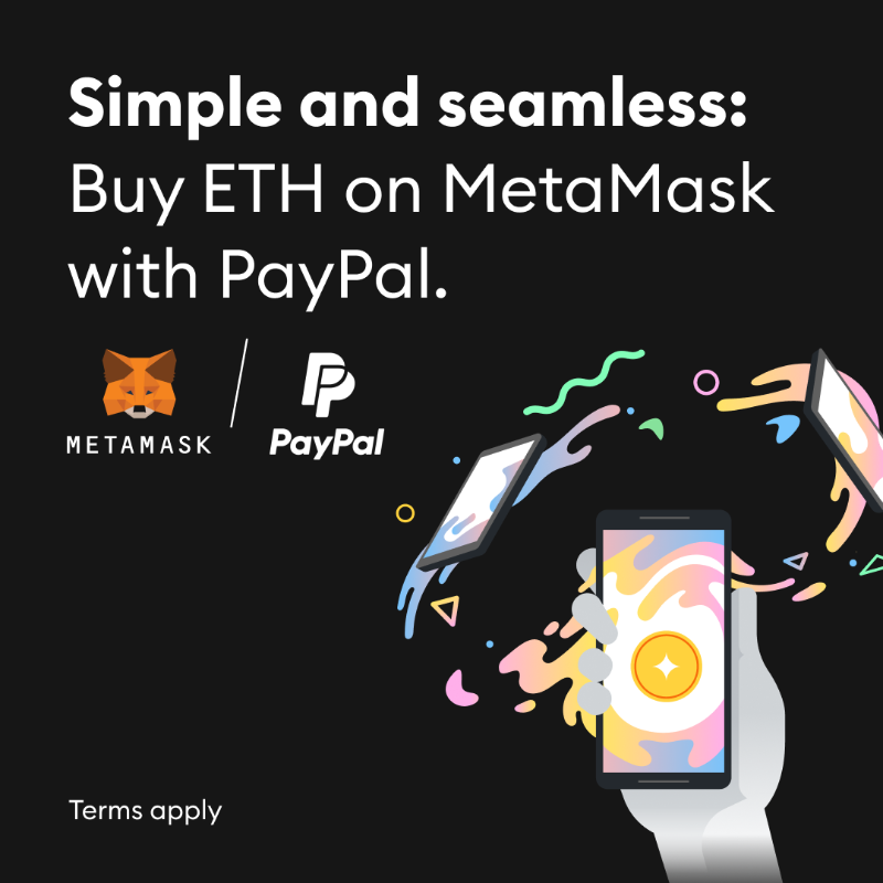 MetaMask's tweet photo. Have a MetaMask wallet? Getting ETH just got even simpler with PayPal. Now available across the US, excluding Hawaii. Terms apply. Learn more.