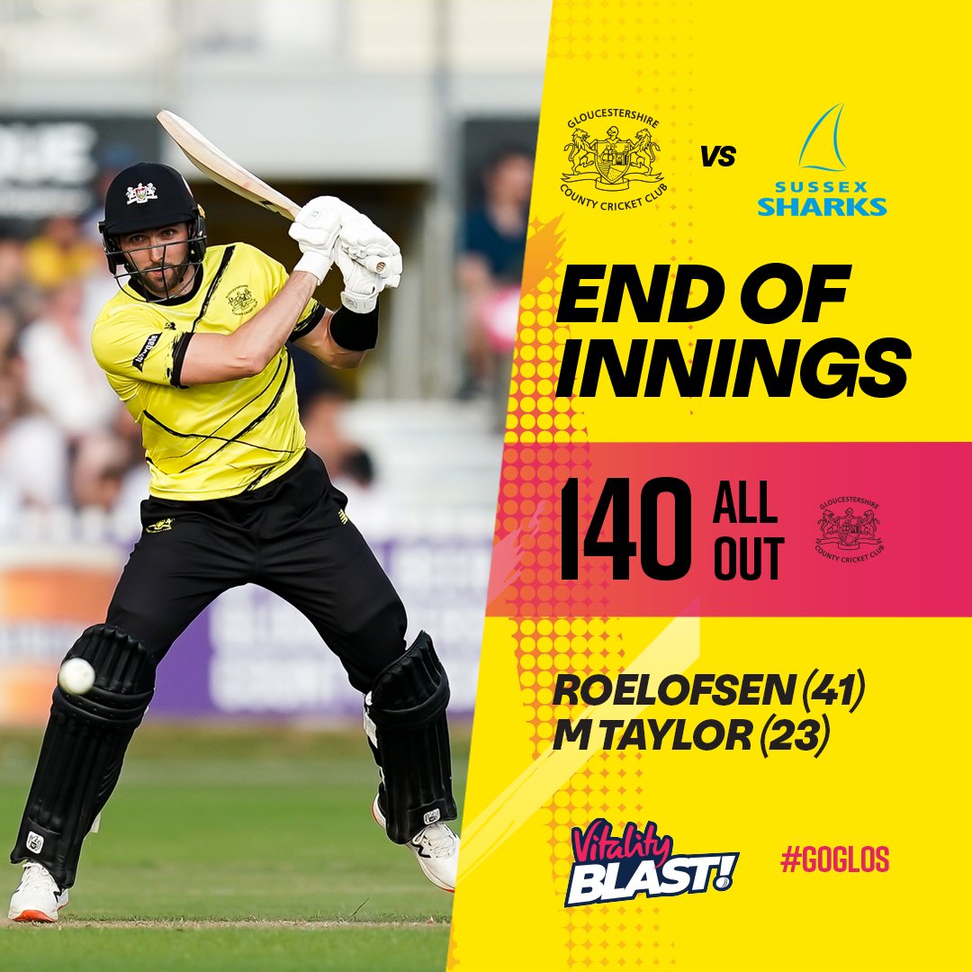 ALL OUT | Gloucestershire reach 140 after a good last few overs from Matt Taylor and Tom Smith.

@SussexCCC will be chasing 141 to win.

#GoGlos 💛🖤