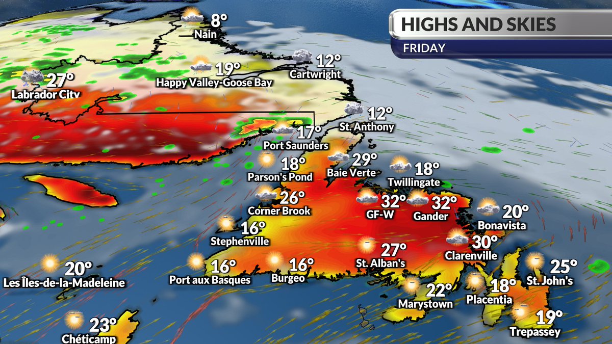 Another hot day shaping up for most of Atlantic Canada on Friday. Humidity will be higher with temperatures feeling into the 30s for many of us. Fog/drizzle also develops along the Atl. Coast. @chronicleherald @capebretonpost @PEIGuardian @StJohnsTelegram #NSwx #NBwx #NLwx #PEwx