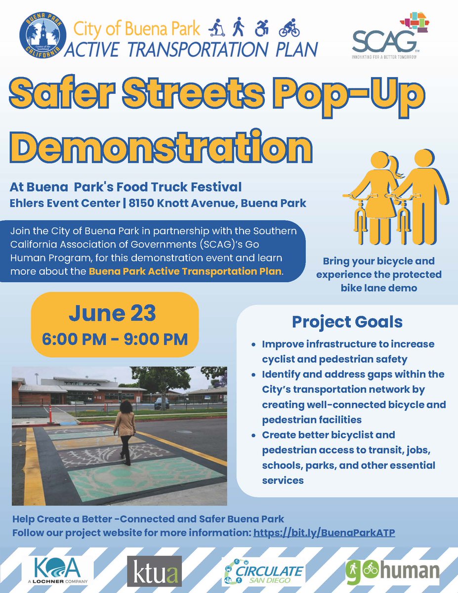 GoHumanSoCal (@gohumansocal) on Twitter photo Join <a href="/BuenaParkCA/">City of Buena Park</a> for the Food Truck Festival on Friday 6/23! Check out food trucks, live entertainment and try out the pop-up Go Human protected bike lane. Activate your taste buds as Buena Park activates safer streets!
<a href="/SCAGnews/">Southern California Association of Governments</a> <a href="/OTS_CA/">CA Office of Traffic Safety</a> #GoHumanSoCal #SCAG #BikeSafety Join <a href="/BuenaParkCA/">City of Buena Park</a> for the Food Truck Festival on Friday 6/23! Check out food trucks, live entertainment and try out the pop-up Go Human protected bike lane. Activate your taste buds as Buena Park activates safer streets!
<a href="/SCAGnews/">Southern California Association of Governments</a> <a href="/OTS_CA/">CA Office of Traffic Safety</a> #GoHumanSoCal #SCAG #BikeSafety