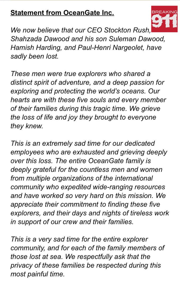 Breaking911's tweet photo. BREAKING: OceanGate announced in a statement that they believe the passengers of the Titanic submersible have “sadly been lost." https://t.co/BqHkpr9klu