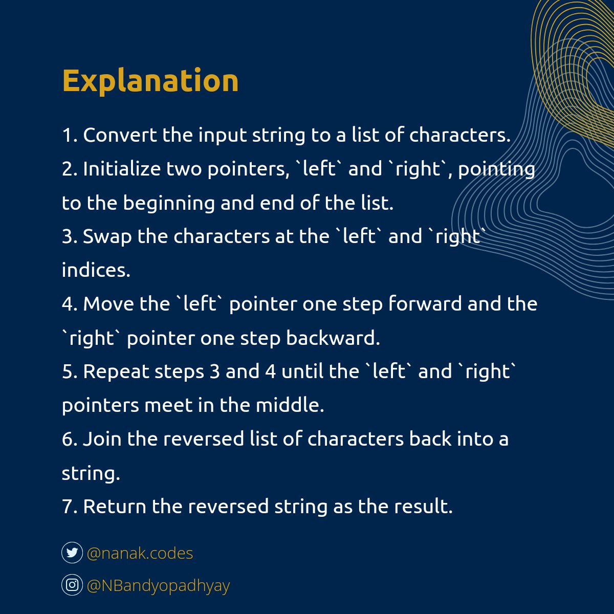 NBandyopadhyay's tweet image. A quick coding interview question
Let's see how to reverse a string in place.
Btw I'll be sharing more such tweets from now.
Some small and simple coding questions to help you crack that coding interview
#Python #CodeSnippet #interview #Coding #Tech #Programming #CodeCommunity