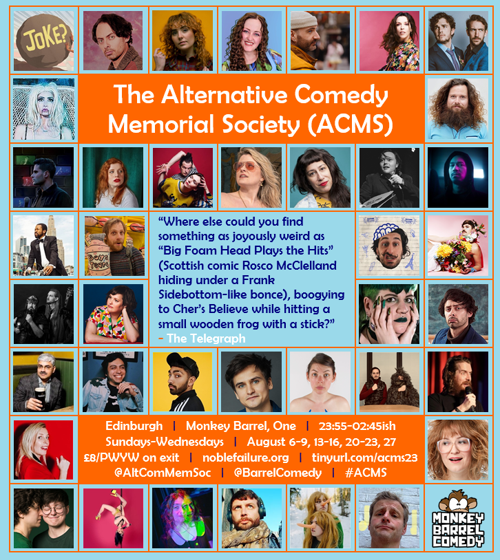 In Edinburgh for August? We recommend:
- ourselves (obviously) at @barrelcomedy, Sun-Wed
- ACMS guests like @AManComedian, <a href="/BriTANicK/">BriTANicK</a>, <a href="/EveElbow/">Eve Ellenbogen</a>, <a href="/HugeDavies/">🎹 Huge Davies 🎹</a>, <a href="/jacobhenegan/">jacob henegan</a>, @rainbowziggy, <a href="/marksilcox/">Mark Silcox</a>, <a href="/MosesStorm/">mosesstorm</a>...
- our lovely time-ordered list of shows noblefailure.org/edinburgh