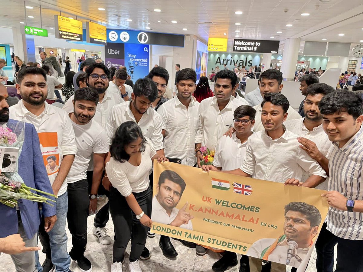 annamalai_k's tweet photo. Landed at Heathrow, London & immensely thankful to the passionate welcome given by @OFBJPUKTN, Tamil brothers & sisters and eminent citizens of the UK. 

All of them are ardent followers of our Hon PM Thiru @narendramodi avl & believe in India’s Growth story! 

Looking forward to spending quality time in the next 4 days & will be attending multiple events to meet and address our Indian diaspora in England!