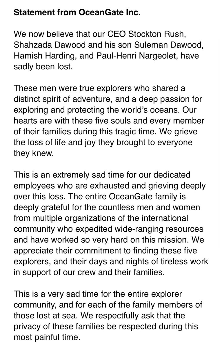 Tragic update from OceanGate, the company that owns the Titan submersible. <a href="/NBC10Boston/">NBC10 Boston</a>
