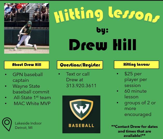 Drew Hill (@drew_hill2005) on Twitter photo Unfortunately I will not be playing this summer due to injury, instead I will be doing hitting lessons with any and all ages. $25 an hour. Number provided or email me at hilldrew2005@gmail.com <a href="/LakesideIndoor/">Lakeside Indoor</a> Unfortunately I will not be playing this summer due to injury, instead I will be doing hitting lessons with any and all ages. $25 an hour. Number provided or email me at hilldrew2005@gmail.com <a href="/LakesideIndoor/">Lakeside Indoor</a>