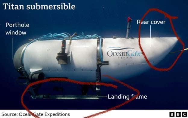 khalidadv43's tweet photo. #BREAKINGNEWS The Rear Cover and Landing frame of the Missing #TitanSubmersible were found in a debris field near the Titanic wreck. https://t.co/QXCAylfc9i…

 #OceanGate #OceanGateExpeditions #sousmarin #submarinemissing #submarinemissing #Titanic #Titan https://t.co/qH5bAyRx1N