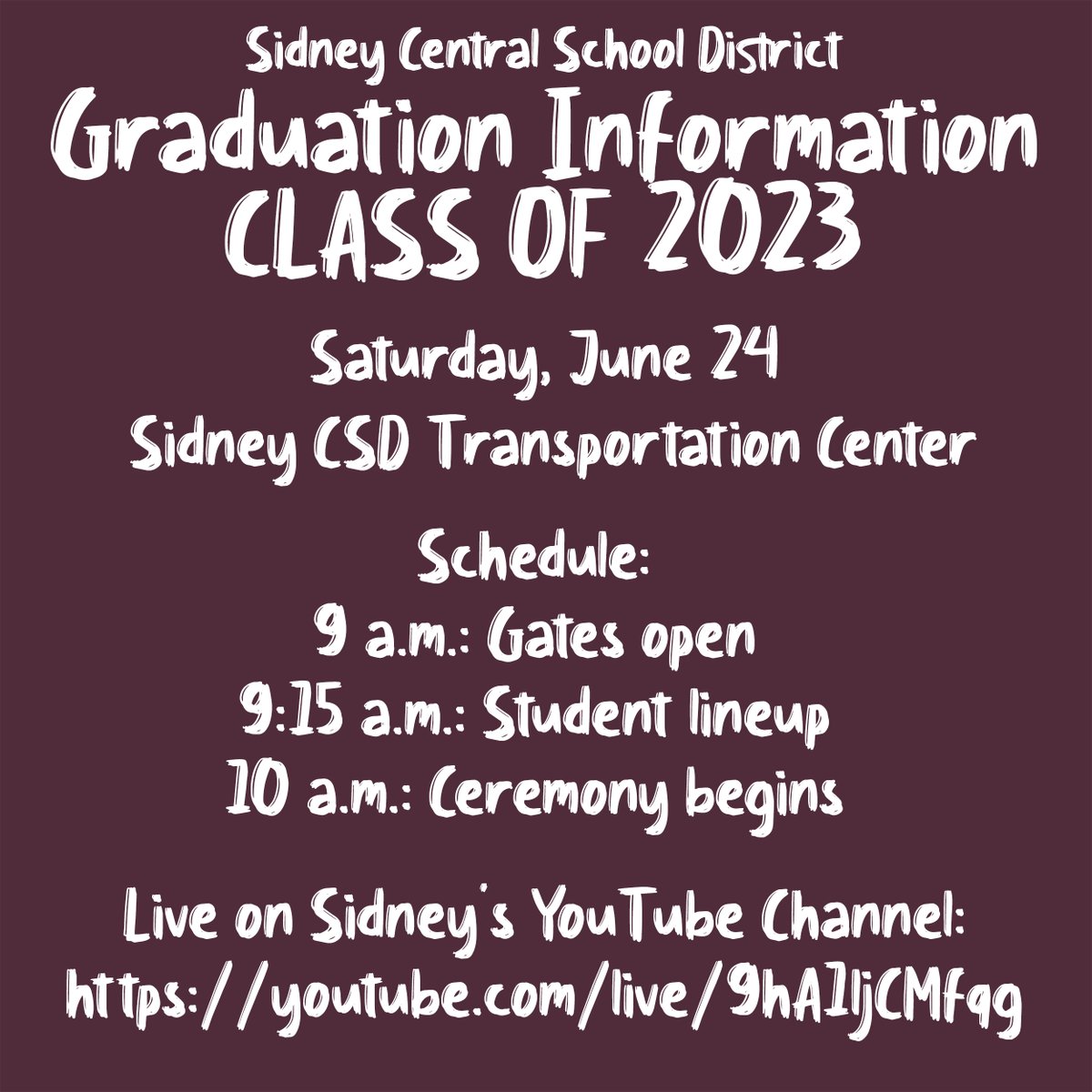Sidney CSD's graduation ceremonies are set for 10 a.m. Saturday, June 24 at the Transportation Center! . Please note: No tickets are needed!

The ceremony will be streamed at: youtube.com/live/9hA1ljCMf….

#SidneyPRIDE #SidneyCSD <a href="/ebullock30/">Eben Bullock</a> @KerrieJohnston2 <a href="/MaggieMcNamara7/">Maggie McNamara</a>