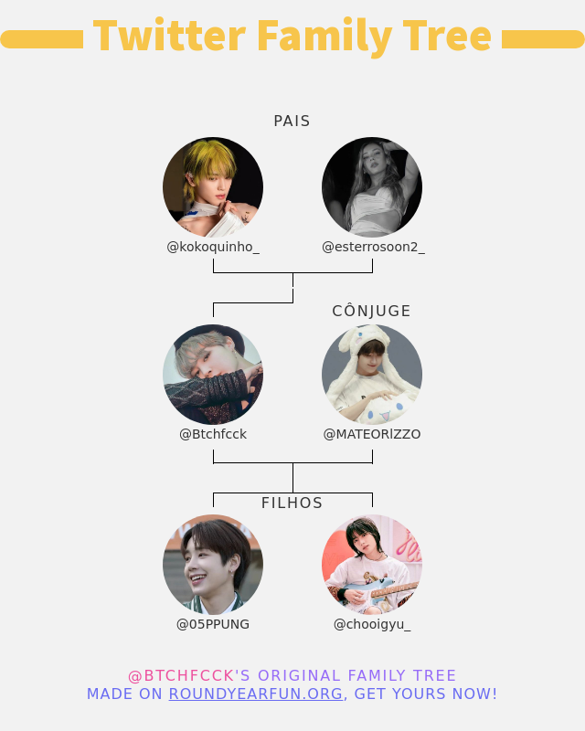 Btchfcck's tweet photo. 👨‍👩‍👧‍👦 Minha Twitter Família:
👫 Pais: @kokoquinho_ @esterrosoon2_
👰 Cônjuge: @MATEORlZZO
👶 Filhos: @05PPUNG @chooigyu_

➡️ https://t.co/5KLGcoiJ5x https://t.co/FwPaz7qoZK