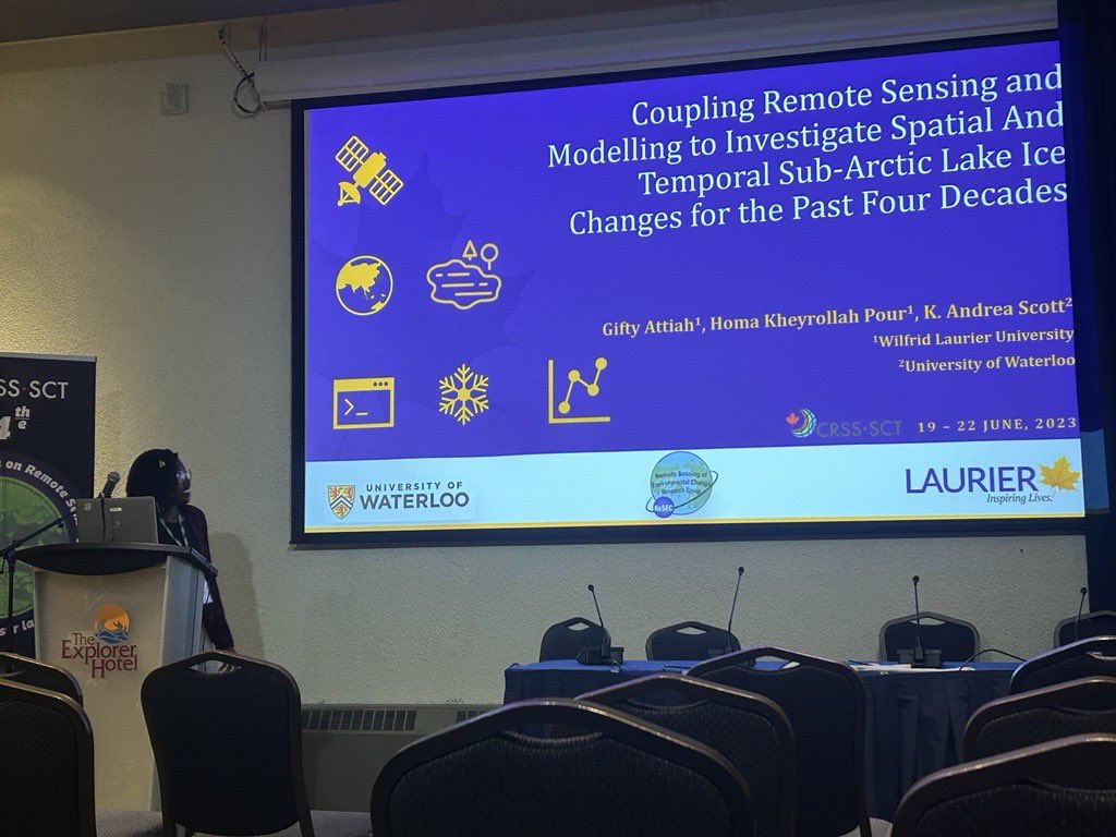 This week PhD candidate and #ReSECLab member @gift_att presented at #CSRS2023 on how we can use remote sensing data and modelling to investigate changes to lake ice thickness and phenology 🧊 🛰️

Awesome job Gifty! 👏
@CRSS__SCT @RsCanadian