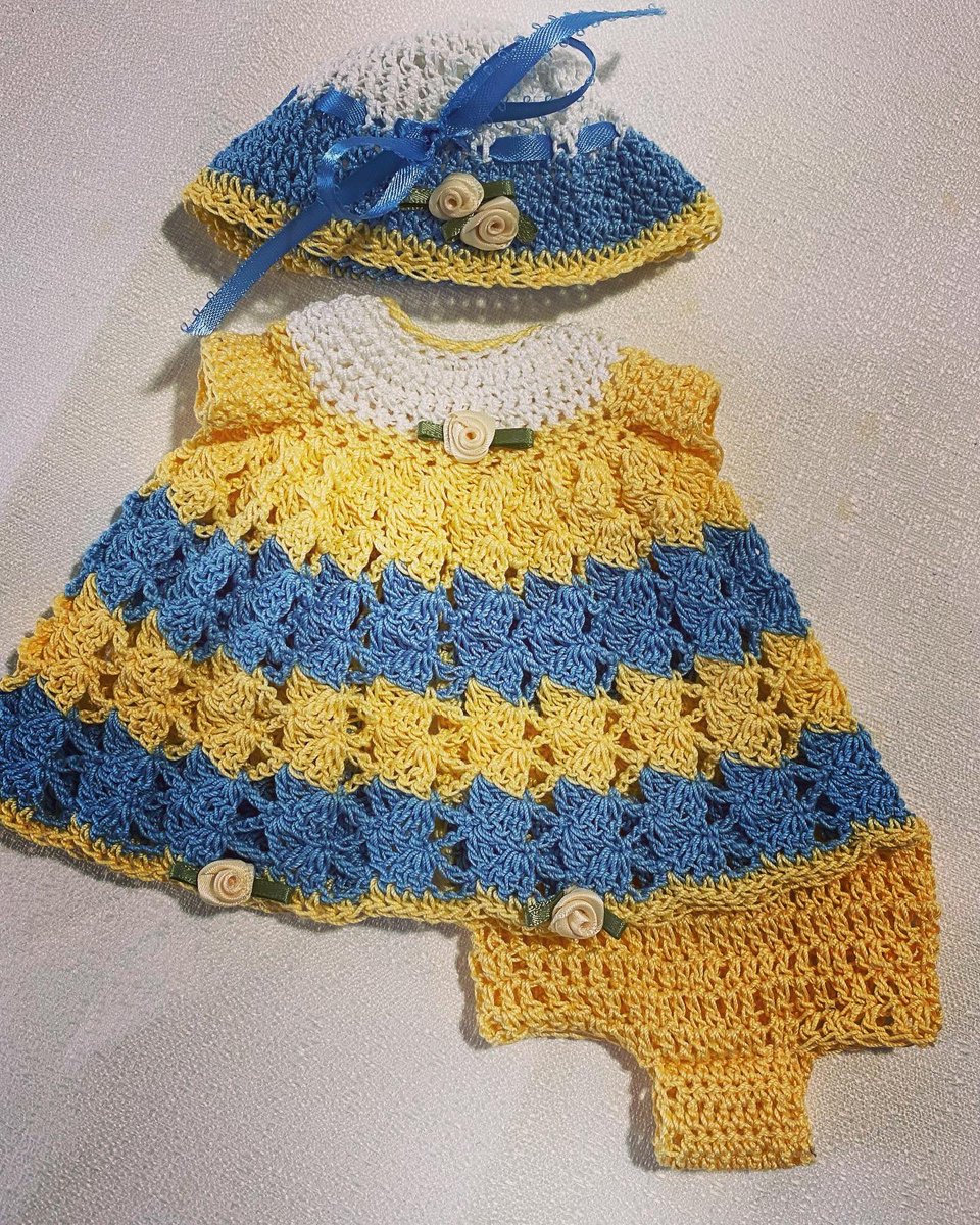 Outfit Fits Baby Berenguer Doll Blue Yellow Crochet Dress Hat 8.5 Inch Cotton ebay.com/itm/1661875915… #eBay via @eBay