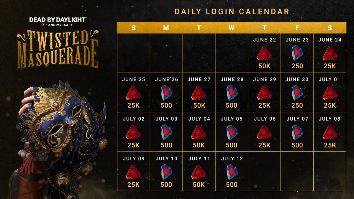DeadbyDaylight's tweet image. This is one to bookmark or screengrab 📸 Make sure to log in every day to claim all of these rewards!
dbd.game/3NzbDgj