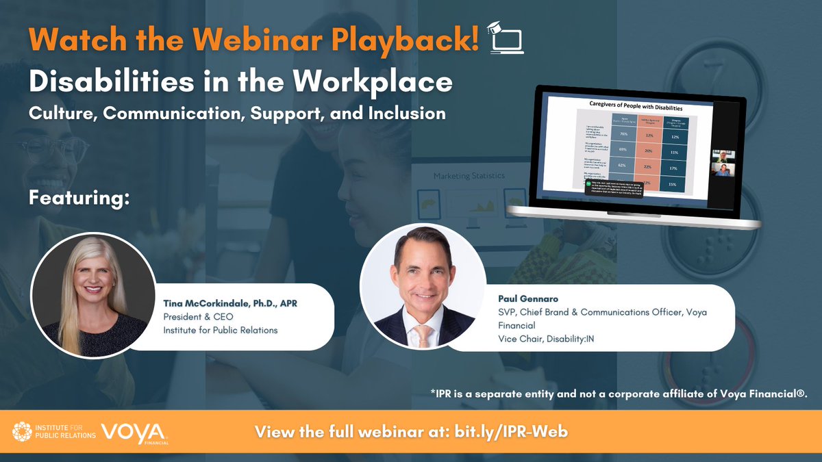 💻 WEBINAR PLAYBACK: Report authors @tmccorkindale and @PaulJGennaro discuss the need to improve how workplaces communicate, include, and offer support to employees with disabilities and caregivers. 👥  💡Learn and share the new IPR-@Voya research: buff.ly/2Jqv4Vp