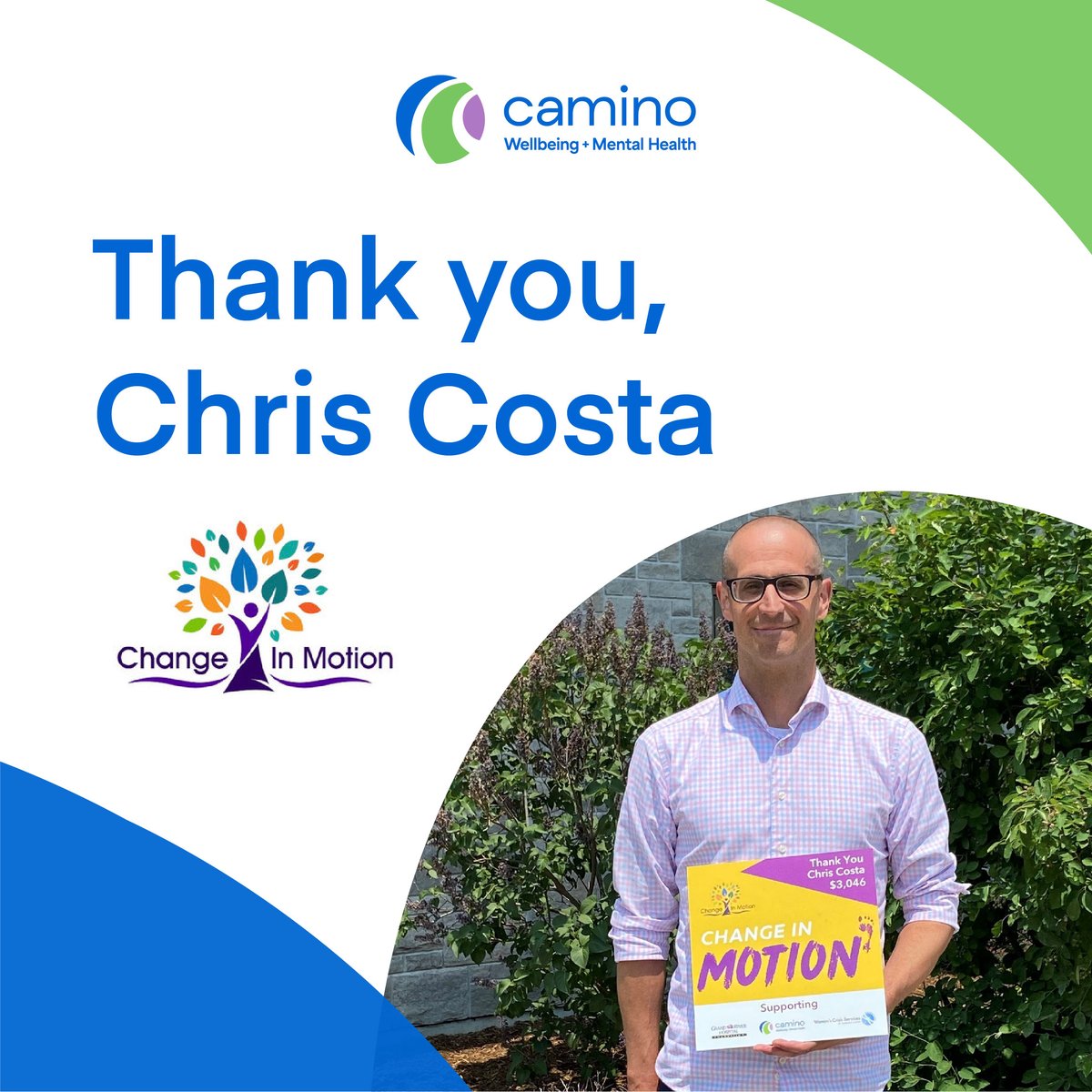 [Follow <a href="/CaminoWellbeing/">Camino Wellbeing + Mental Health</a> for more]

Chris Costa, community champion, completed a 24hr walk to support Grand River Hospital, Women's Crisis Services, and Camino. Chris raised funding and awareness for our services. Chris is already dreaming big about next year - stay tuned!