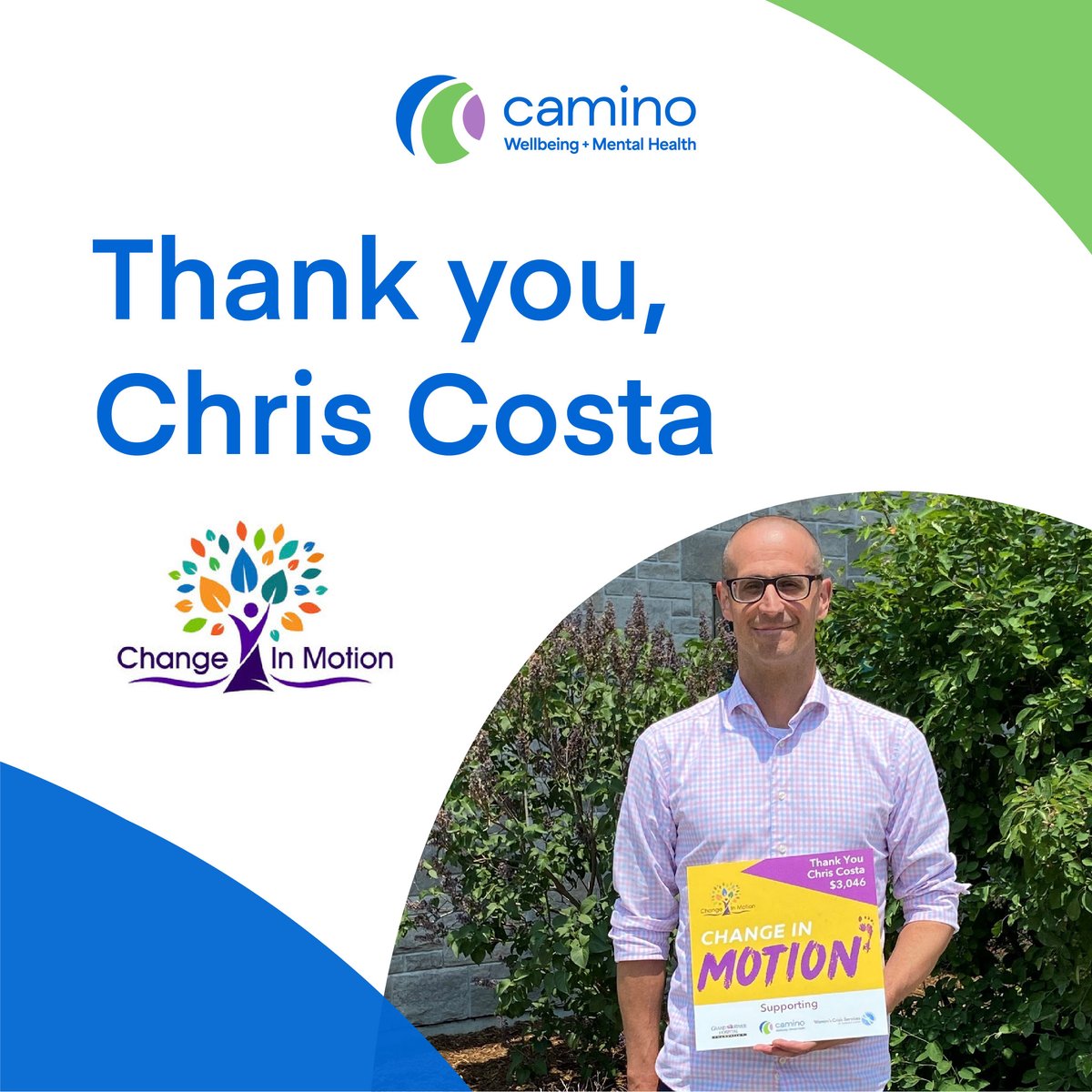 [Follow @CaminoWellbeing for more] Chris Costa, community champion, completed a 24hr walk to support Grand River Hospital, Women's Crisis Services, and Camino. Chris raised funding and awareness for our services. Chris is already dreaming big about next year - stay tuned!