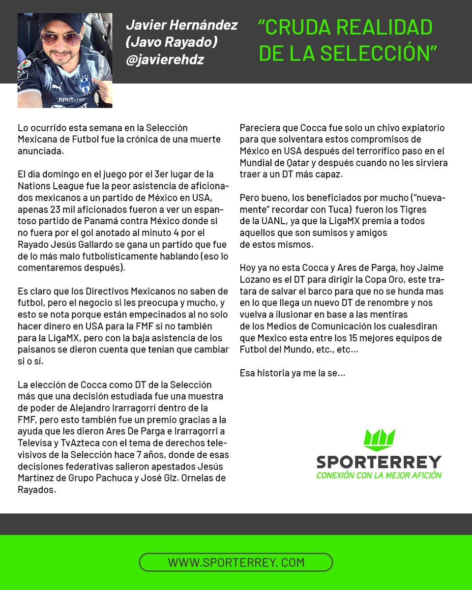 sporterrey's tweet photo. #ConexiónConLaMejorAfición "CRUDA REALIDAD DE LA SELECCIÓN" la opinión de @javierehdz sobre la actualidad del Tri 🇲🇽 

🗣️ "Es claro que los Directivos mexicanos no saben de fútbol"

https://t.co/SxjQilrVSI https://t.co/8VhuFX0ezO