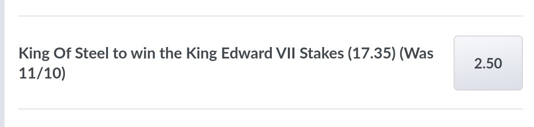 LightningValue's tweet photo. An early one for tomorrow...

17:35 @ Royal Ascot - King of Steel 
3.5pt Win @ 6/4 or 2.5 (Coral) https://t.co/UwreMAv0Zv