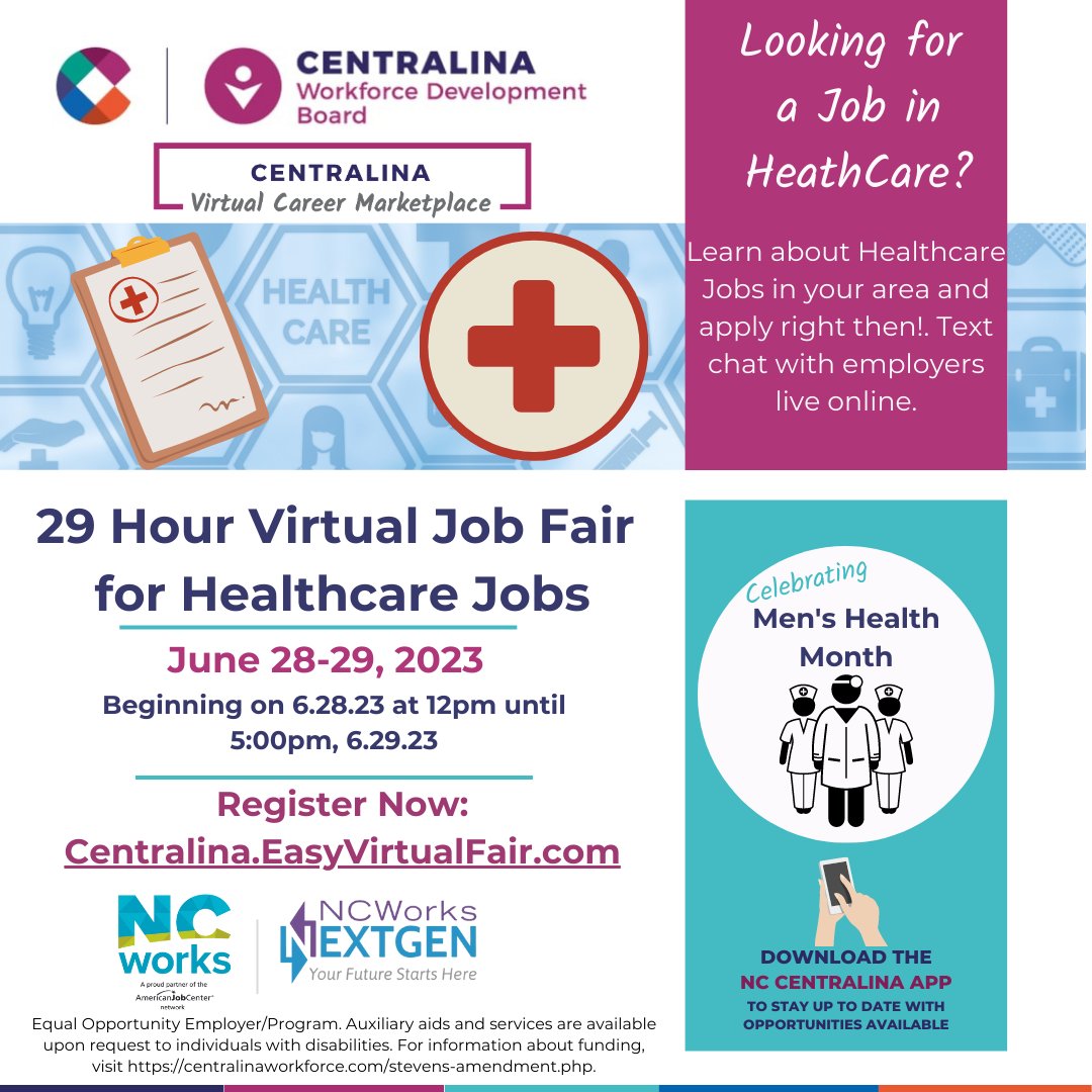 Looking for a career in Health Care? Mark your calendars for our 29-Hour Virtual Job Fair June 28-29! Staring at 12pm on the 28th and concluding at 5pm on the 29th! 
#ncworks #virtualcareerfair