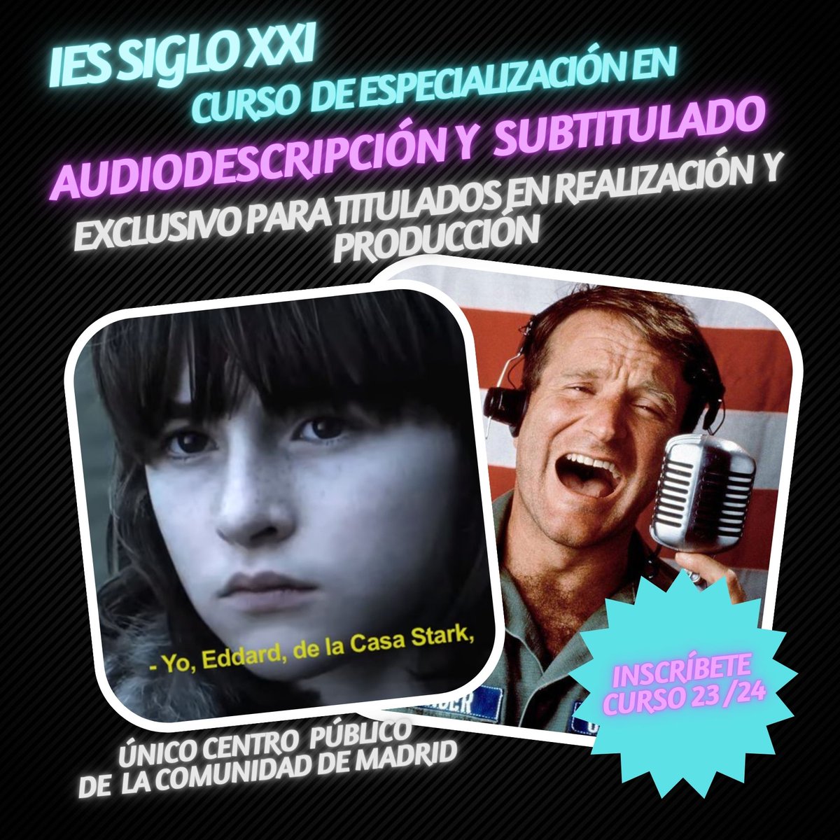 El próximo curso tendremos la suerte de ser el primer centro público de la Comunidad de Madrid en implantar el Curso de Especialización en Audiodescripción y Subtitulado, una gran oportunidad  para especializarte en este sector.