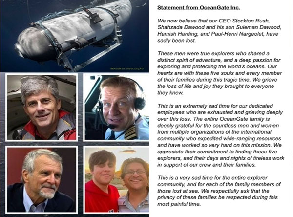 #เรือดำน้ำ #เรือดำน้ำไททัน #ไททัน #เรือไททัน #titan #Titanic 
.
#oceangateexpedition   บริษัทแม่ผู้ผลิต #เรือดำน้ำไททัน  ระบุว่า...
.
'เราเชื่อว่าพวกเขาทั้งหมดสูญหาย'" โดย OceanGate Expeditions ยืนยันการเสียชีวิตของลูกเรือ 5 คนบนเรือไททันที่หายไปหลังจากพบเศษชิ้นส่วน 500