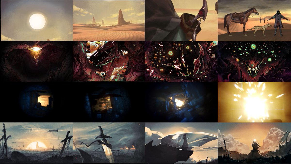 RiotFauxFox's tweet photo. People have been nailing a lot of the details in the Naaf cinematic, but of the details I haven't seen is how the colour shifts- In the tomb especially, we go from saturated to more blues and yellows, since dogs can only really see those https://t.co/flFJWjWwZ6