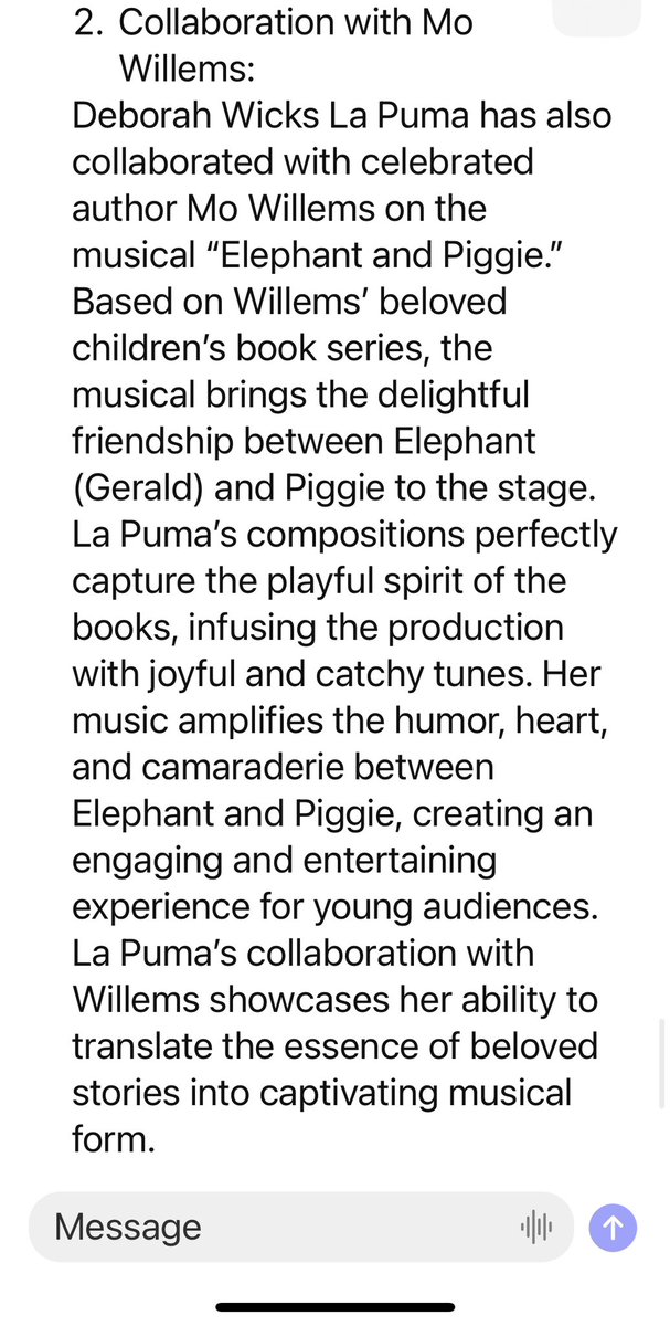 ChrisLaPuma's tweet photo. I asked ChatGBT to write a biographical essay about my wife. AI is so kind. I don’t know why everyone is so worried about it. 😁 (This is really what ChatGBT wrote.) #DebbieWicksLaPuma @The_Pigeon @KarenZacarias6 #CreatingQualityTYA @TYA_USA @mtishows @MaestraMusicOrg https://t.co/gPiXSSqVyB