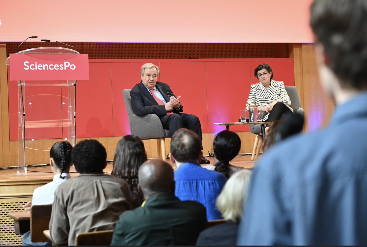 AranchaGlezLaya's tweet photo. Message from @antonioguterres to @sciencespo students

“Never give up. Never abandon the ideals of mutual understanding, cooperation and a sense of the common good”

Thank you @UN Secretary General for your engagement with the youth  🙏 merci https://t.co/rBpM14ExRQ