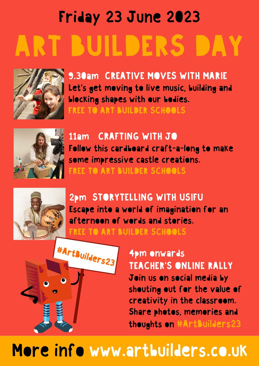 We are super excited that tomorrow is Art Builders Day!!! We have a brilliant day of live online workshops - plus our fantastic schools are all getting creative up and down the country! #ArtBuilders23
