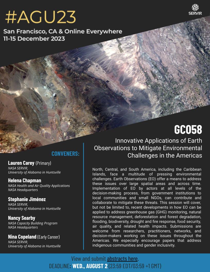 #EOchat 📢 - Do you work with #EO / remote sensing / #geospatial data to tackle big environmental challenges in the #Americas? 🤔 Join our session at #AGU23! The application is open until 2 Aug. See you in San Francisco! 
agu.confex.com/agu/fm23/preli…