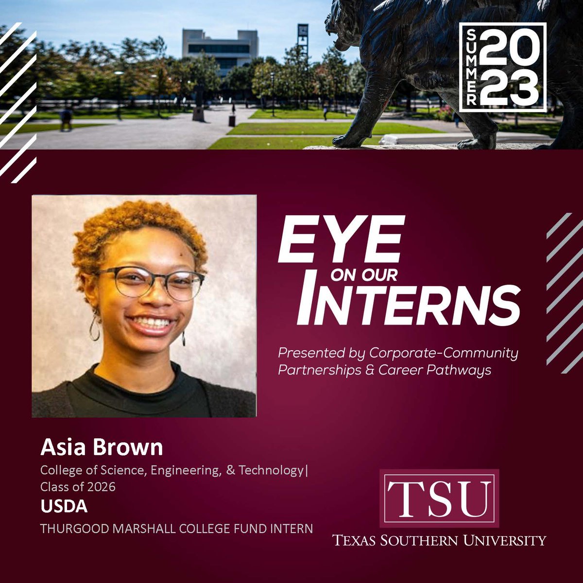 TexasSouthern's tweet photo. Salute to sophomore civil engineering major Asia Brown, who is a Thurgood Marshall College Fund intern at the @USDA, working with the National Resources Conservation Services to learn more about how each type of engineering plays a part in agriculture. #TSUProud #TSUInterns #USDA https://t.co/pFjLFP8imn