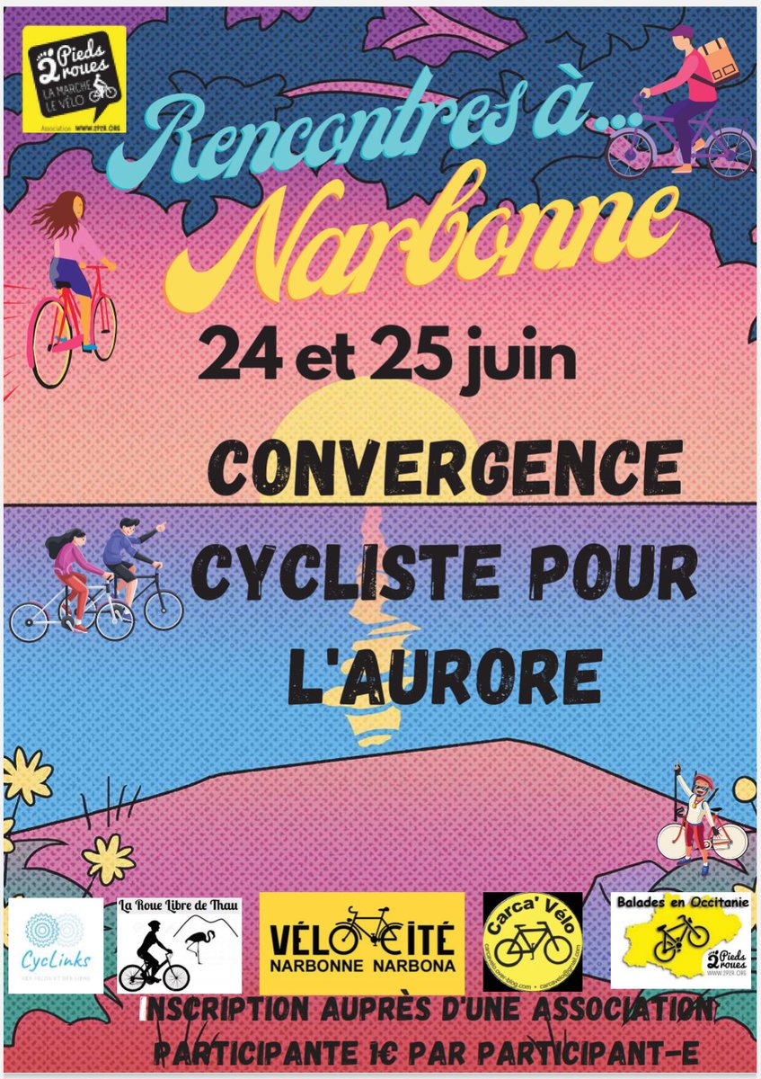 🚲 Pour celles/ceux qui n'ont rien prévu ce WE, @velocitenarbonn, @Cyc_Links, @CarcaVelo, @roue_libre_Thau, @VeloEnTet, @2Pieds2Roues, @VeloOccitanie  organisent une nouvelle 'Convergence 🚲 vers l'aurore'.
Cette fois c'est 'Rencontre à... #Narbonne' 👍🏼
Programme complet ⬇️