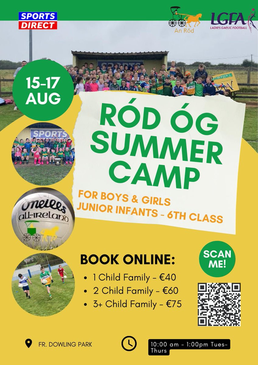 Ród Óg &amp; LGFA together with our GPO Reece are delighted to be hosting a Summer Camp for Primary School children from Tuesday 15th to Thursday 17th August from 10am to 1pm. 

Please click on the following link to register: forms.office.com/e/VzqHuYd8vY.