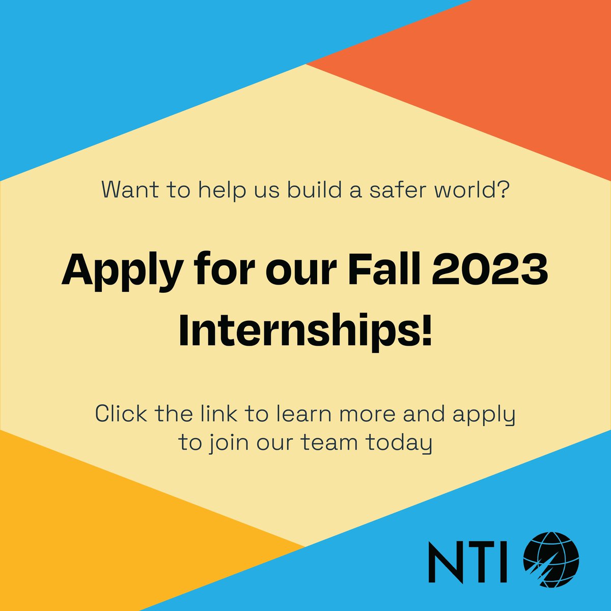 NTI_WMD's tweet photo. 📣 Applications for our fall 2023 internships are now open!

Apply now for our paid internships to work with our experts on today's pressing biosecurity and nuclear security issues. 

Learn more 👉  https://t.co/3CafN3lvJk https://t.co/2xCYg56bXW
