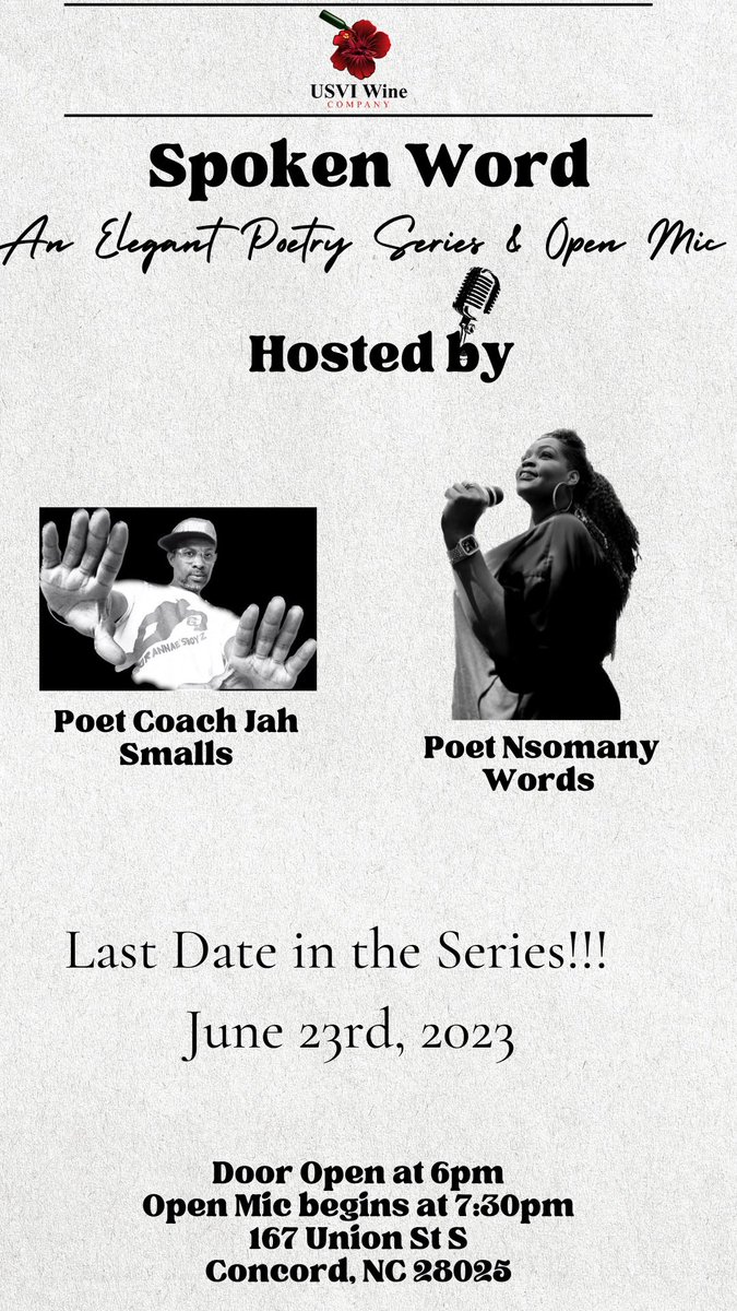 Last date in the #spokenwordseries with @coachjahsmalls and @nsomanywords_ 🎤 @usvi_wine_co tomorrow @7:30pm🍷#charlottepoets #usviwineco #concordnc #winebar #charlottepoetryevents