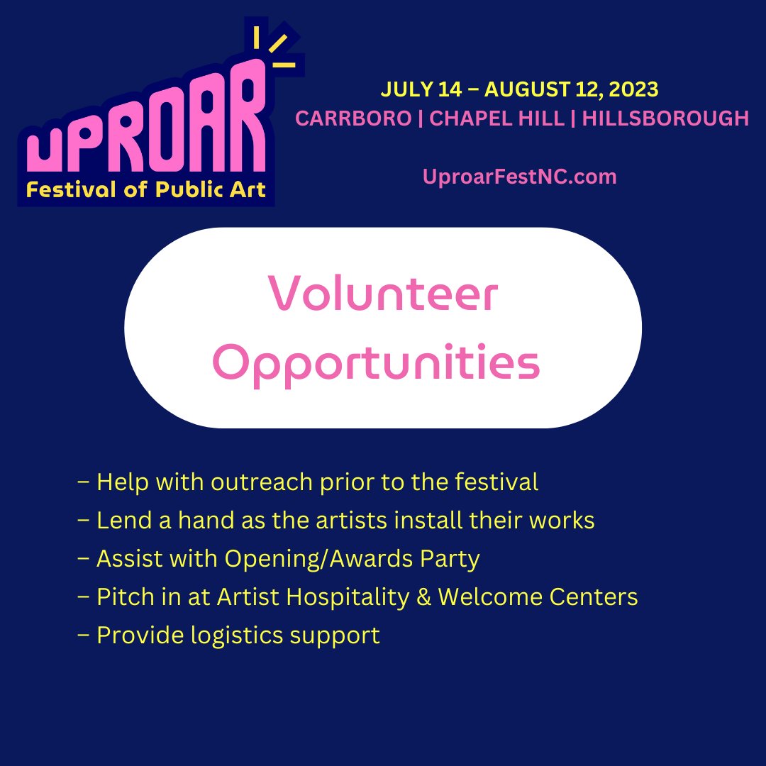 Uproar – happening July 14 to August 12 – is a BIG undertaking, and many volunteers are needed! No matter your skill set, abilities, or availability, we can use your help and will work around your needs.

Sign up at uproarfestnc.com/volunteer!