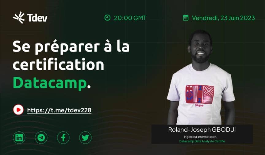 Chers lauréats de la bourse Datacamp,
votre engagement et votre passion pour l'apprentissage de Data Analyse aboutiront bientot.
 
Donnons alors la parole à un ainé, Roland Joseph GBODUI, pour nous entretenir sur la préparation à la certification DataCamp.