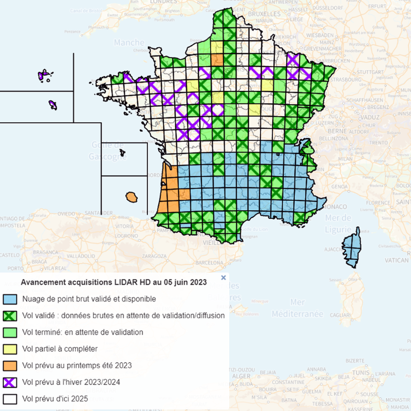 IGNFrance's tweet photo. #LiDARHD | 323 900 km2 ! C'est la surface métropolitaine (59 %) désormais couverte dans le cadre du programme LiDAR HD 🎉 

La carte d'avancement &amp; les infos à retenir pour ce point d'étape  🔆