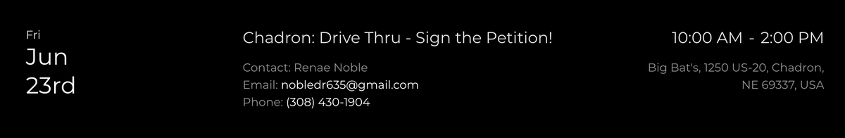 RenaeNoble's tweet image. Next Petition Drive is TOMORROW!!! Drive thru Big Bat's - sign the petition any time from 10:00 a.m. until 2:00 p.m. It only takes a couple of minutes. Let's get this legislation on the ballot and let voters decide! If you are in Chadron, we can sign up any county.