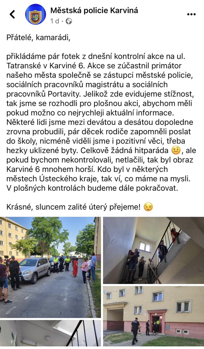 LindaSokacova's tweet photo. Takhle se vyrábí nenávist. Měšťáci v Karviné s primátorem obchází domácnosti, jen ty romské, a kontrolují, kdo je doma a jestli má uklizeno. Je mi už poměrně hodně let, ale takovou návštěvu jsem ještě nezažila - proč asi, kvůli mé píli to nebude. #rasismus @romalivesmatter https://t.co/tx4zrlszwU