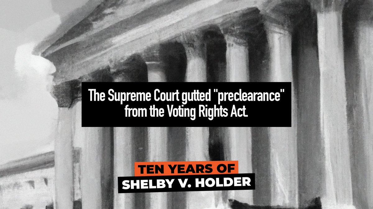 On this day in 2013, SCOTUS gutted the preclearance section of the Voting Rights Act, leaving us with less federal voting protections than we had 10 years ago. Congress must restore the VRA to prevent states from enacting discriminatory voting measures. #RestoreTheVRA