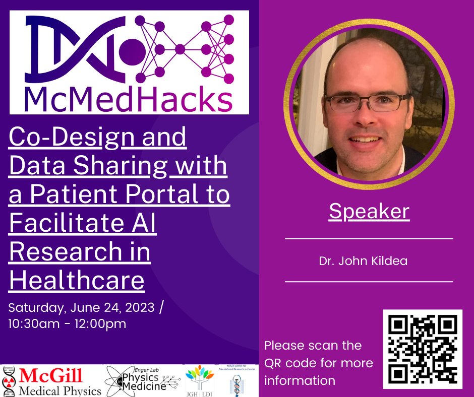 Join us for the next seminar that will take place on Saturday, June 24 from 10:30 am to 12:00 pm EDT! We are pleased to have @johnkildea talk about data sharing to facilitate AI research in healthcare. mcmedhacks.com @ITransmedtech @MedphysCA @EngerLab @McGillMedPhys