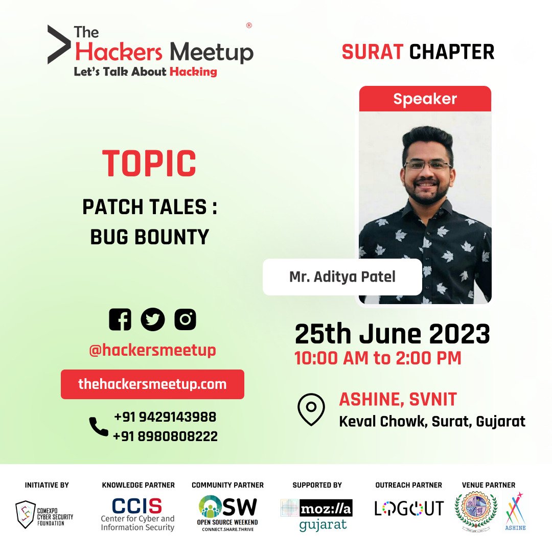 Hackers_Meetup's tweet image. The Hackers Meetup Surat Application Security edition,
Date: 25/06/2023
Time: 10.00 AM to 02.00 PM
Venue: ASHINE, SVNIT Surat,
Register Now: forms.gle/BNE7gzDZjaqGZL…
#TheHackersMeetup #ExploitWriting #ShellCoding #ApplicationSecurity #Pentesting #WAPT #MAPT #VAPT #BugBounty