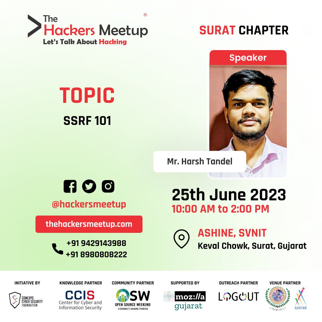 Hackers_Meetup's tweet image. The Hackers Meetup Surat Application Security edition,
Date: 25/06/2023
Time: 10.00 AM to 02.00 PM
Venue: ASHINE, SVNIT Surat,
Register Now: forms.gle/BNE7gzDZjaqGZL…
#TheHackersMeetup #ExploitWriting #ShellCoding #ApplicationSecurity #Pentesting #WAPT #MAPT #VAPT #BugBounty