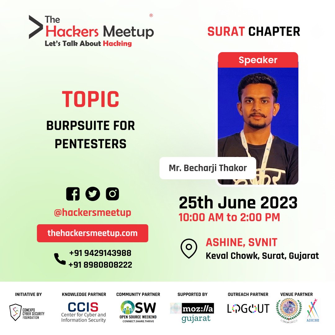 Hackers_Meetup's tweet image. The Hackers Meetup Surat Application Security edition,
Date: 25/06/2023
Time: 10.00 AM to 02.00 PM
Venue: ASHINE, SVNIT Surat,
Register Now: forms.gle/BNE7gzDZjaqGZL…
#TheHackersMeetup #ExploitWriting #ShellCoding #ApplicationSecurity #Pentesting #WAPT #MAPT #VAPT #BugBounty